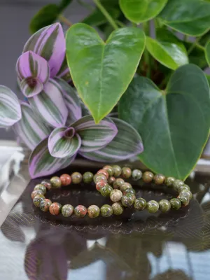 Unakite 8mm Beaded Natural Gemstone Elastic Bracelet, Genuine Top Grade Gift Jewelry, Men Women Fashion Crystal Energy Jewellery