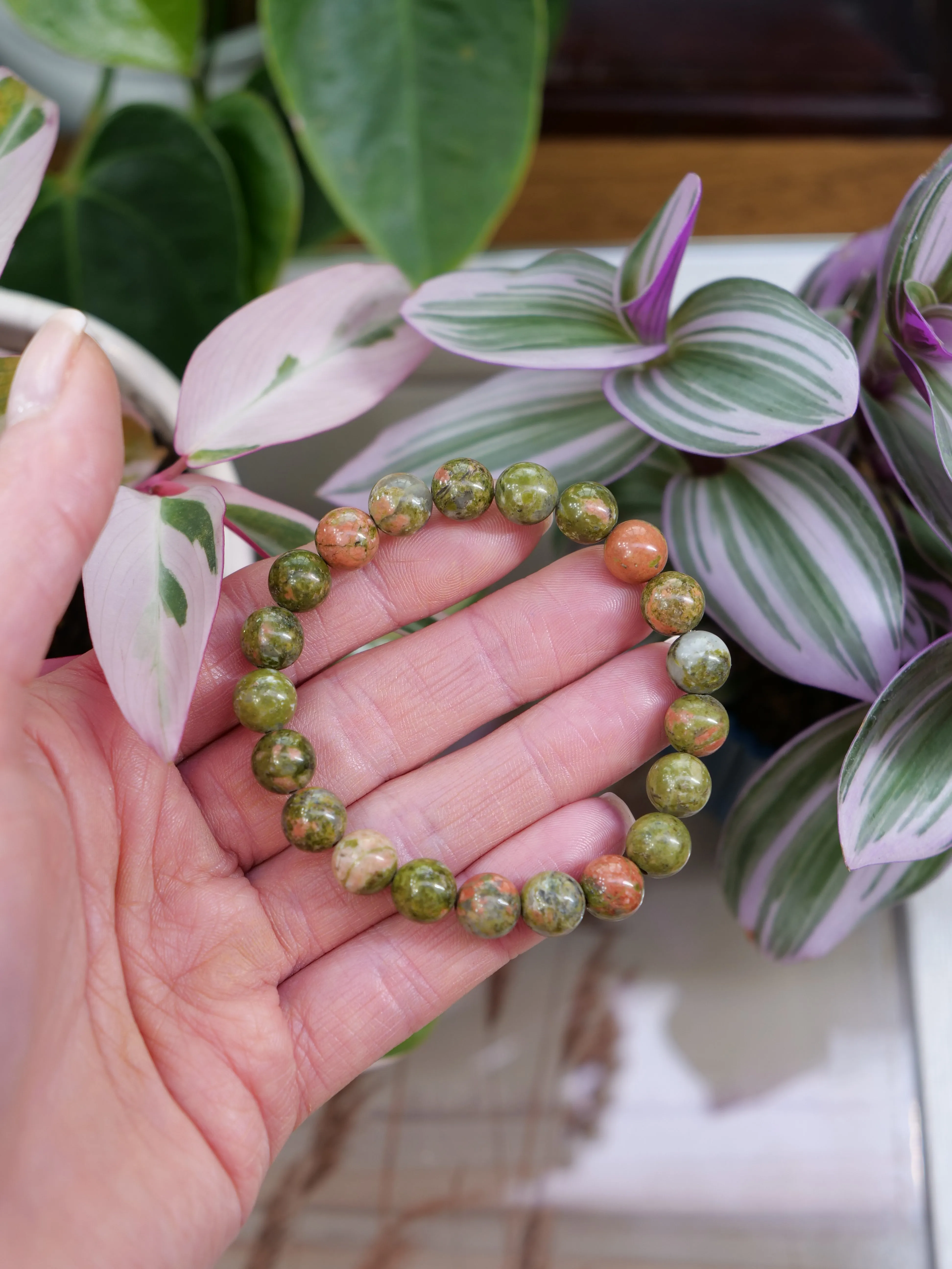 Unakite 8mm Beaded Natural Gemstone Elastic Bracelet, Genuine Top Grade Gift Jewelry, Men Women Fashion Crystal Energy Jewellery
