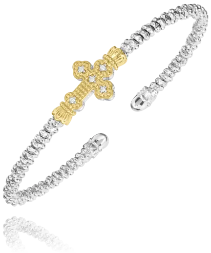 Vahan Sterling Silver & 14K Yellow Gold Flexible Open Diamond Cross Bangle Bracelet