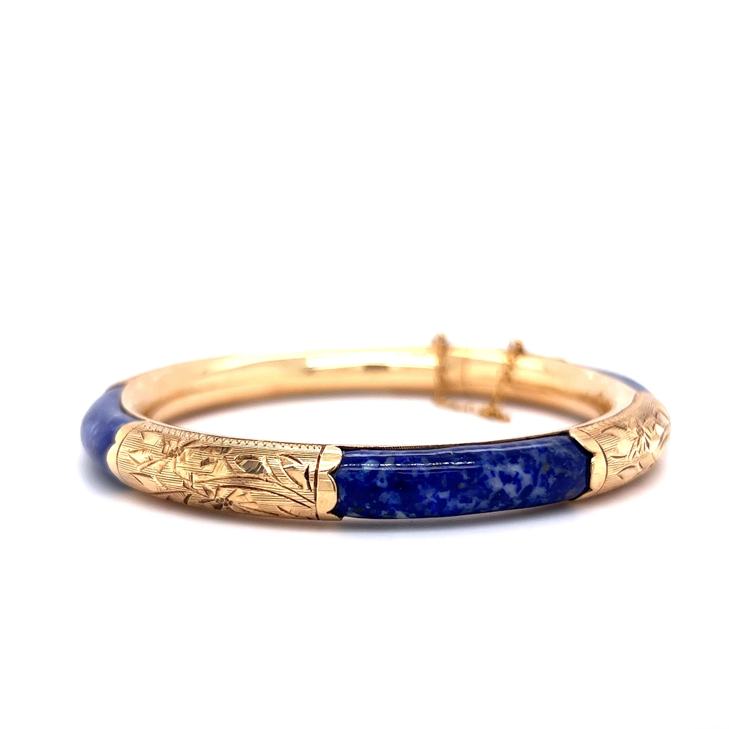 Vintage Mid-Century Lapis Lazuli Bangle Bracelet in 14k Yellow Gold