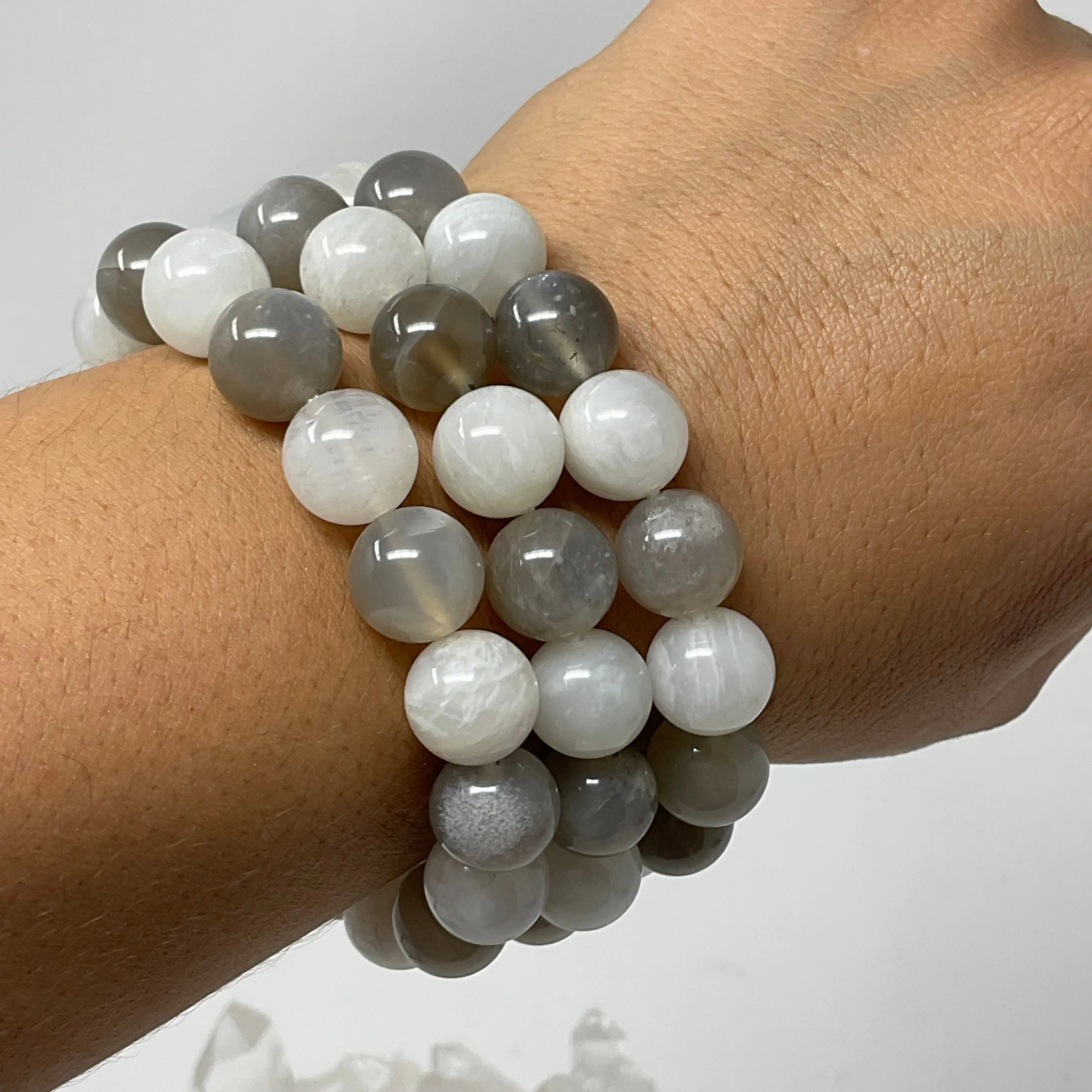 White & Grey Moonstone 12MM Round Bracelet