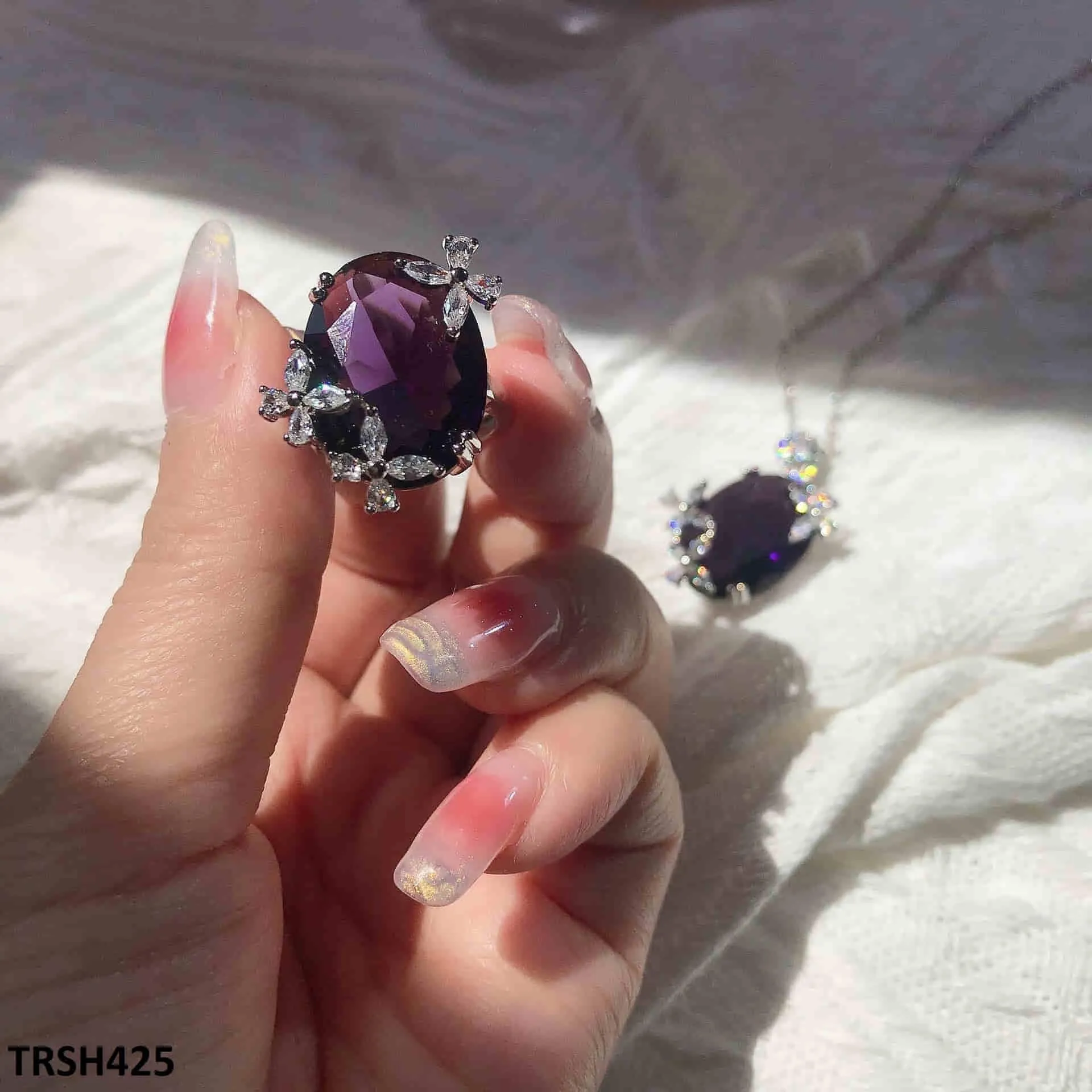 Zircon Amethyst Flower Adjustable Ring