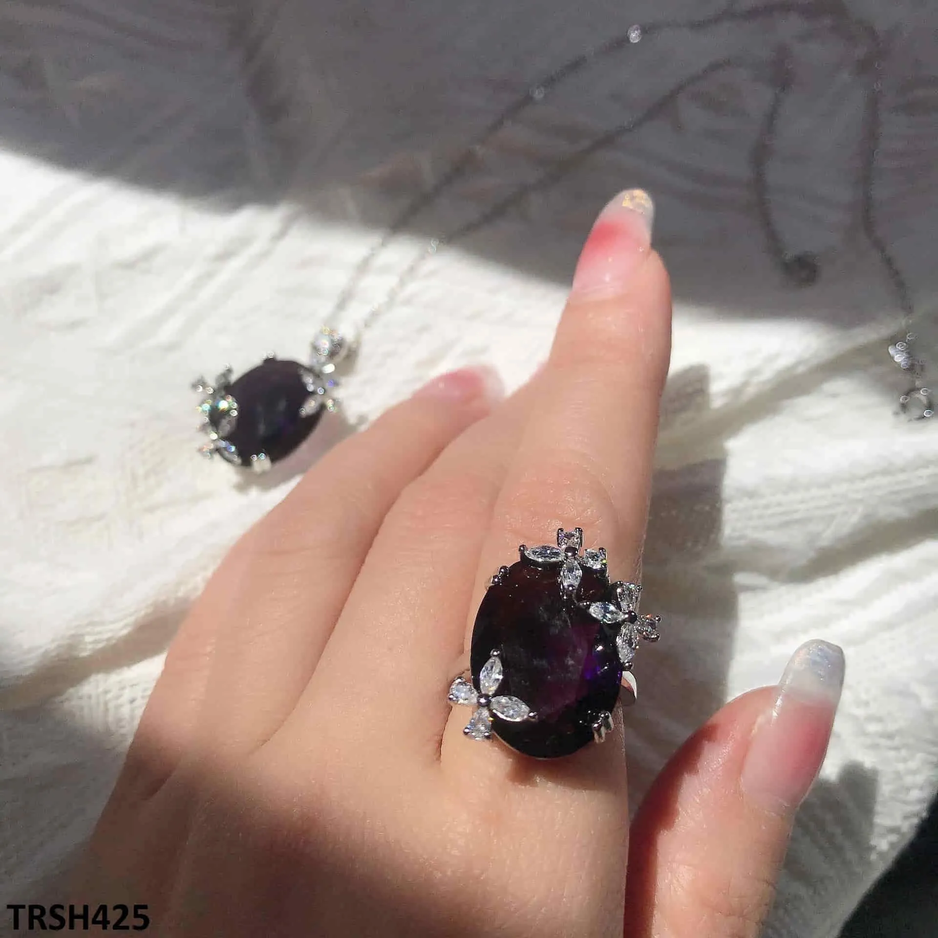 Zircon Amethyst Flower Adjustable Ring
