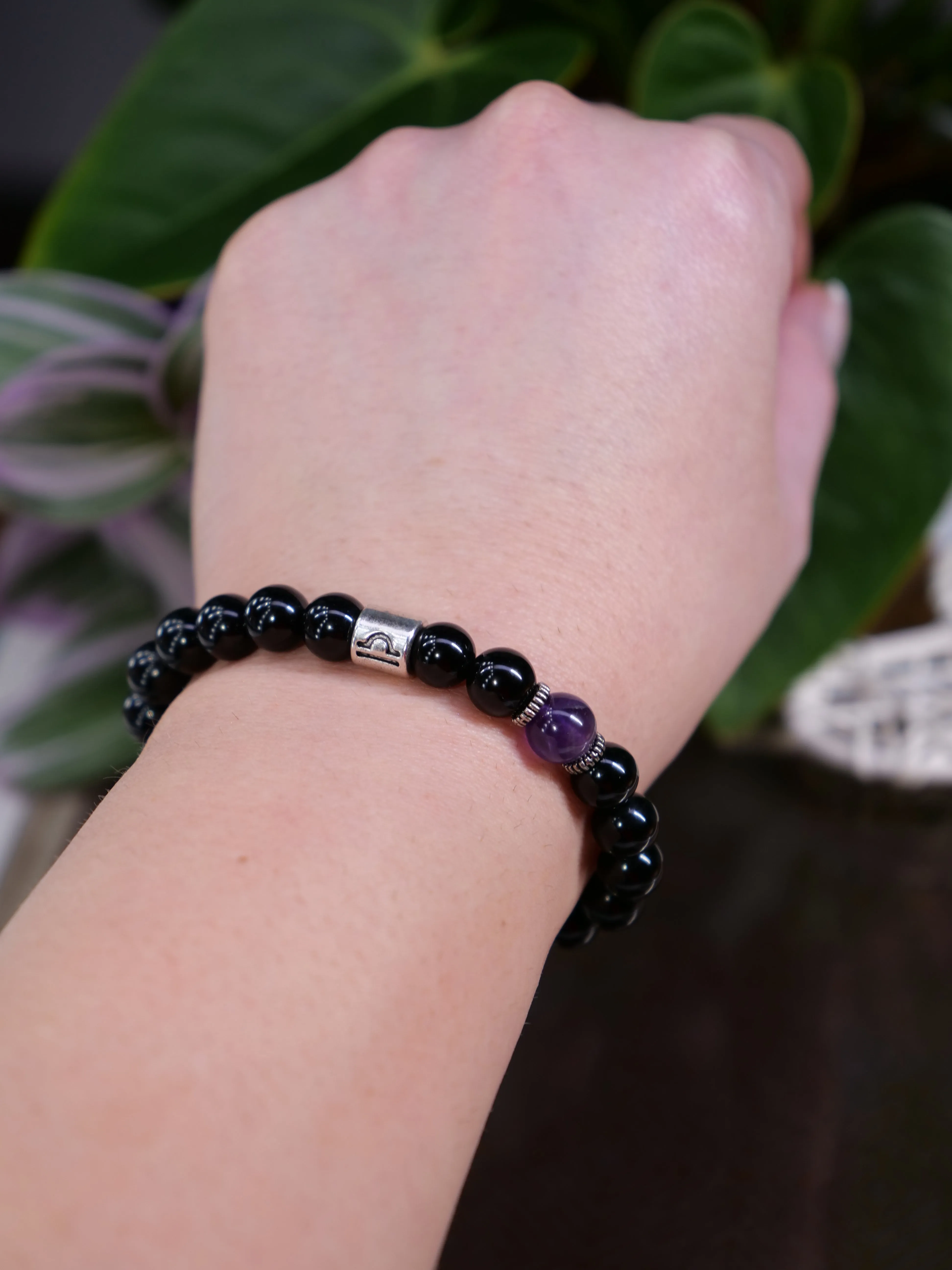 Zodiac Black Onyx Amethyst 8mm Beaded Natural Gemstone Elastic Bracelet, Genuine Top Grade Jewelry, Men Women Fashion Jewellery