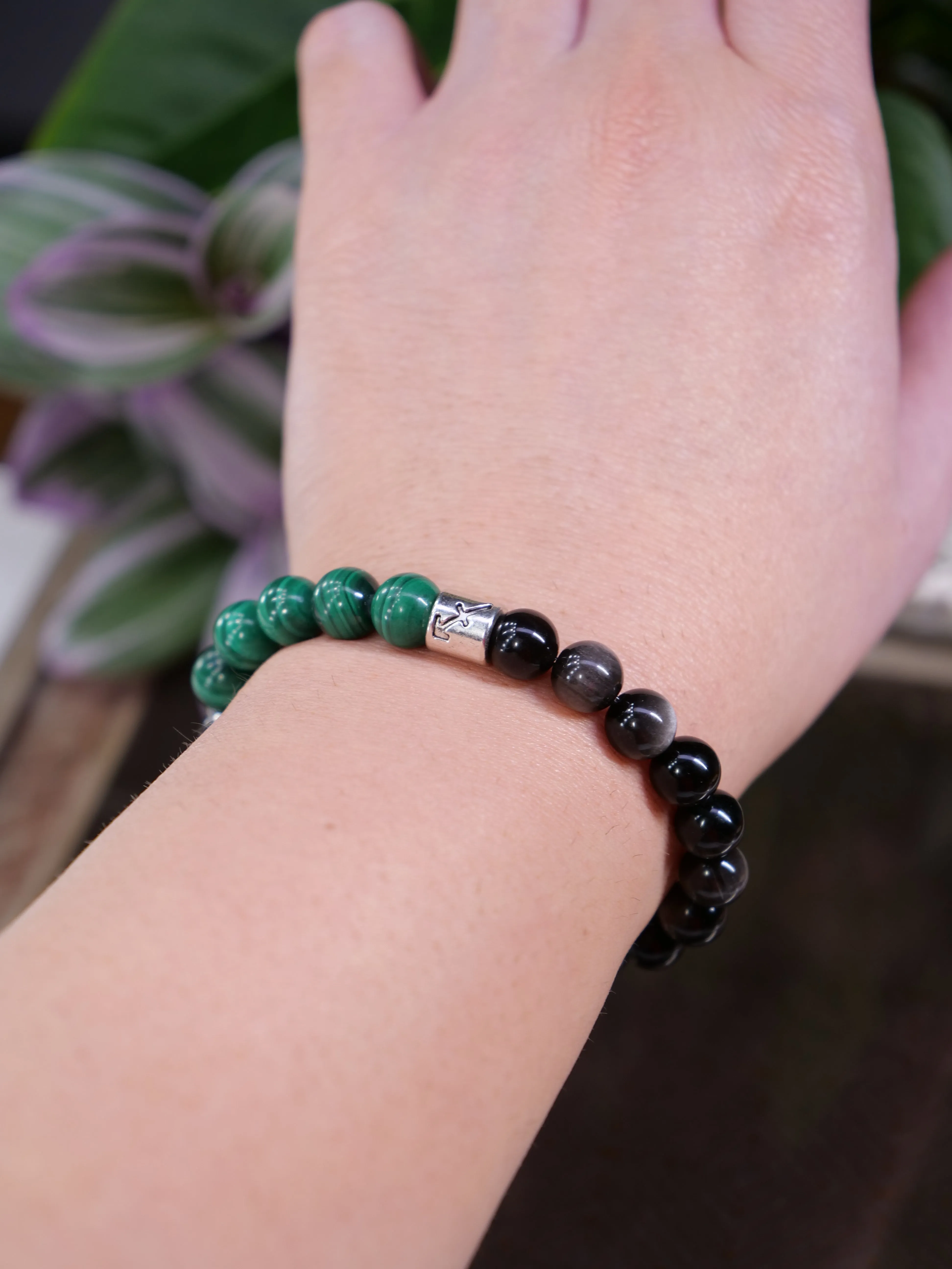 Zodiac Malachite Obsidian Silver Sheen 8mm Beaded Natural Gemstone Elastic Bracelet, Genuine Top Grade Jewelry, Men Women Fashion Jewellery