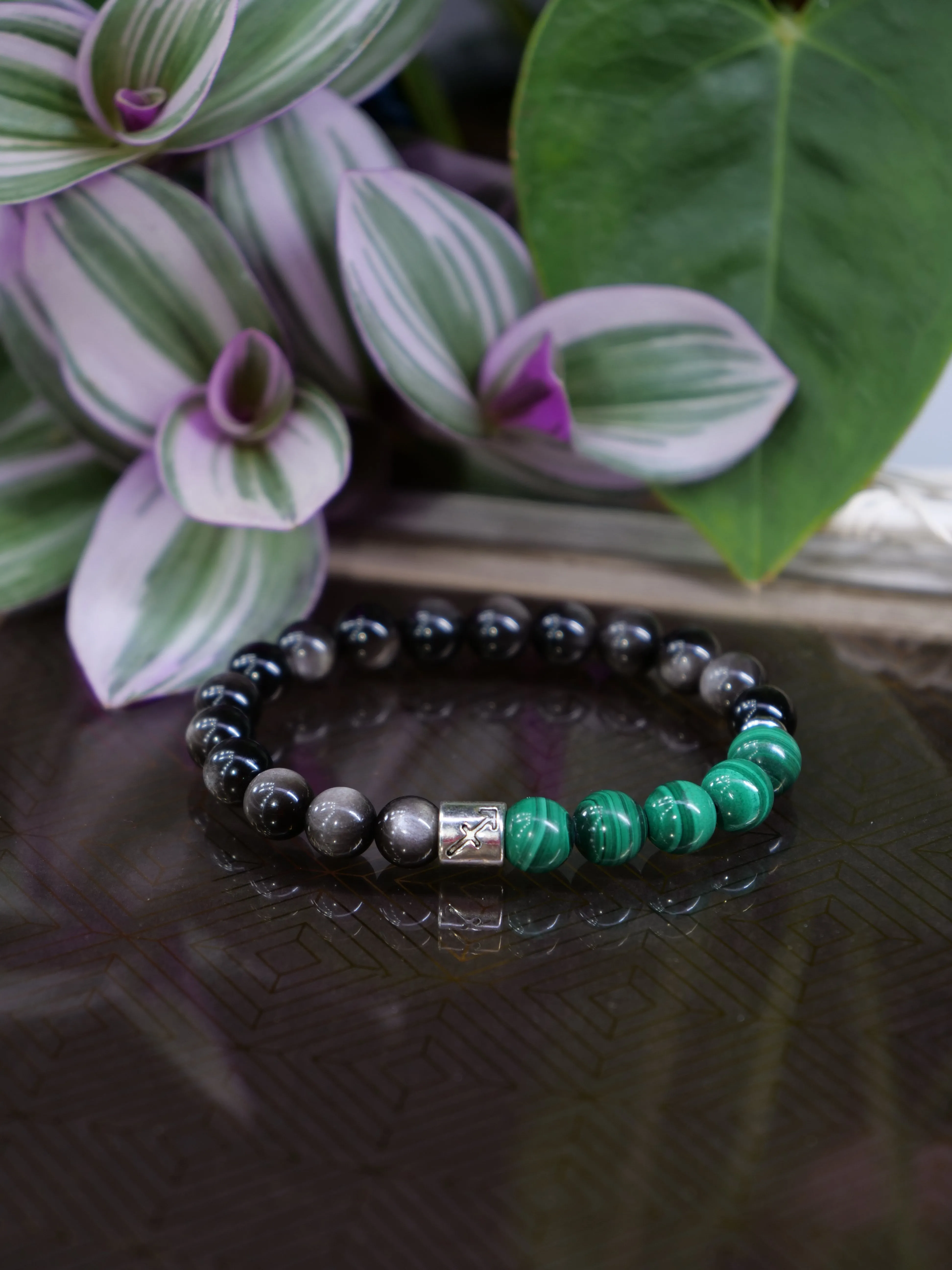 Zodiac Malachite Obsidian Silver Sheen 8mm Beaded Natural Gemstone Elastic Bracelet, Genuine Top Grade Jewelry, Men Women Fashion Jewellery